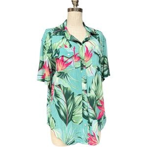 Sandrine Rose Tropical Palm Print Pearl Snap Button Down Shirt Size Small